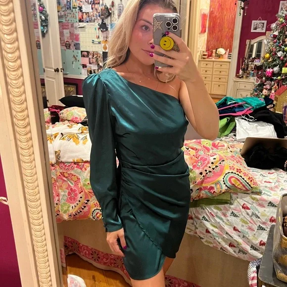 These Three Boutique Green Satin Dress | One shoulder satin dress - Picture 5 of 10